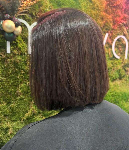Glossing treatment results showing shiny, healthy hair at Mova salon in Staines Upon Thames